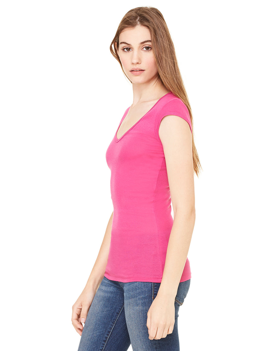 Women's Sheer Mini Rib Cap-Sleeve Deep V-Neck T-Shirt - Berry