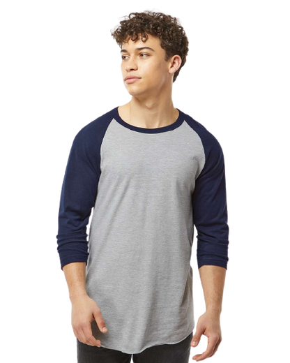 Unisex Fine Jersey Raglan Tee - Heather Gray / Navy