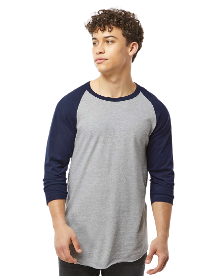 Unisex Fine Jersey Raglan Tee - Heather Gray / Navy
