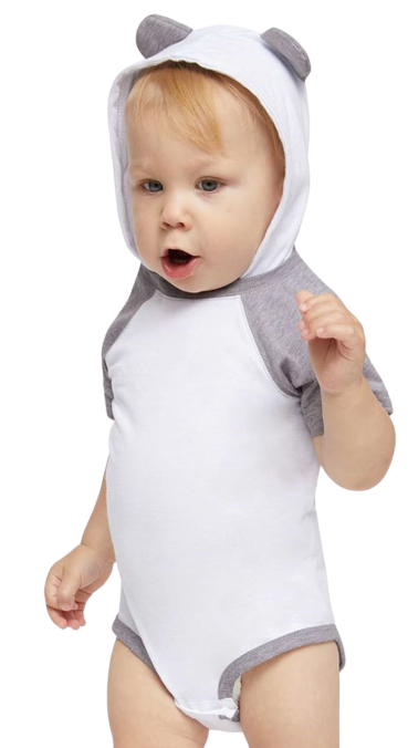 Fine Jersey Infant Short Sleeve Raglan Bodysuit with Hood & Ears - Blend White / Vintage Heather