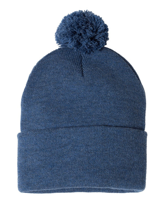 Pom-Pom 12" Knit Beanie - Heather Dark Royal