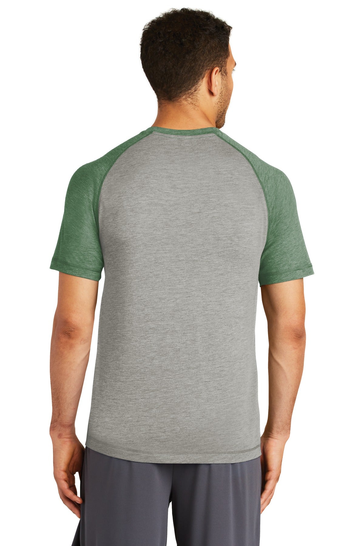 Unisex PosiCharge Tri-Blend Wicking Raglan Tee - Forest Green Heather / Light Gray Heather