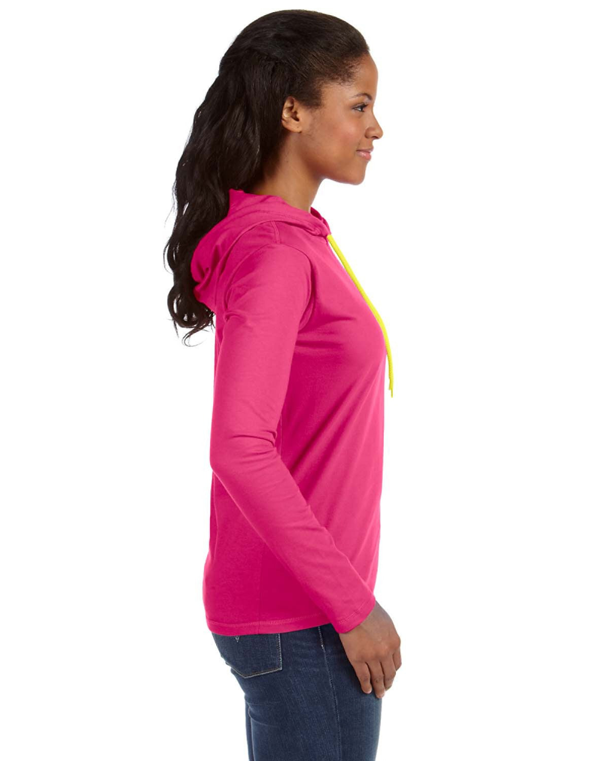 Women's Lightweight Long-Sleeve Hooded T-Shirt - Hot Pink / Neon Yellow