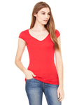 Women's Sheer Mini Rib Cap-Sleeve Deep V-Neck T-Shirt - Red
