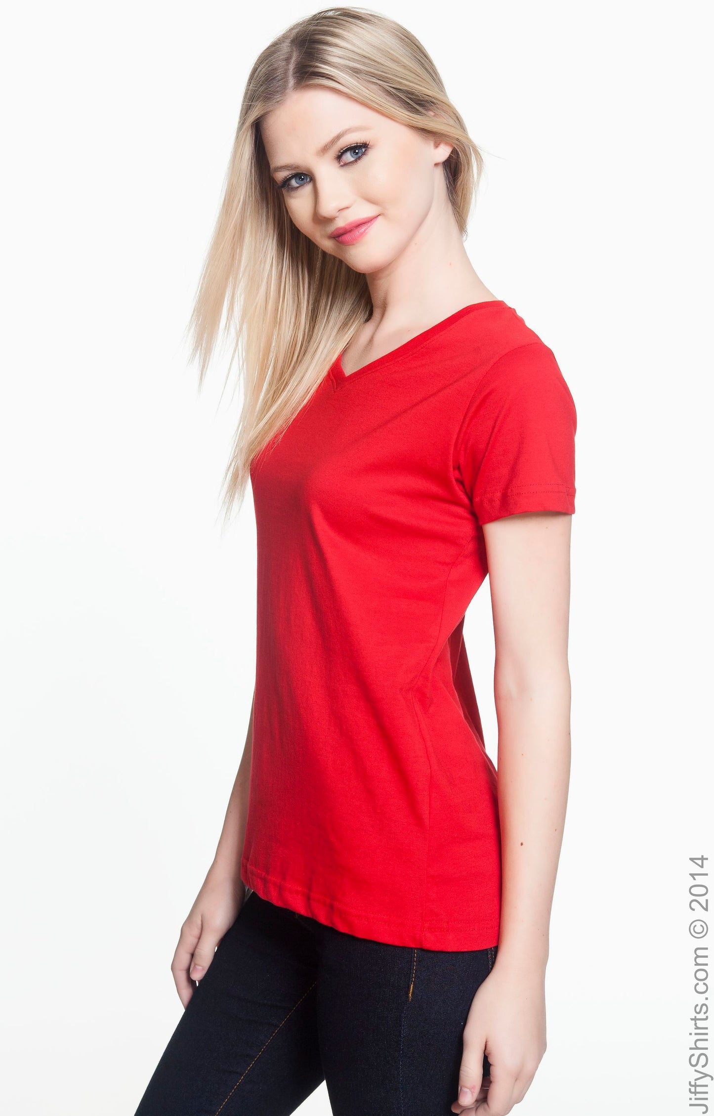 Women's V-Neck Fine Jersey T-Shirt - Red