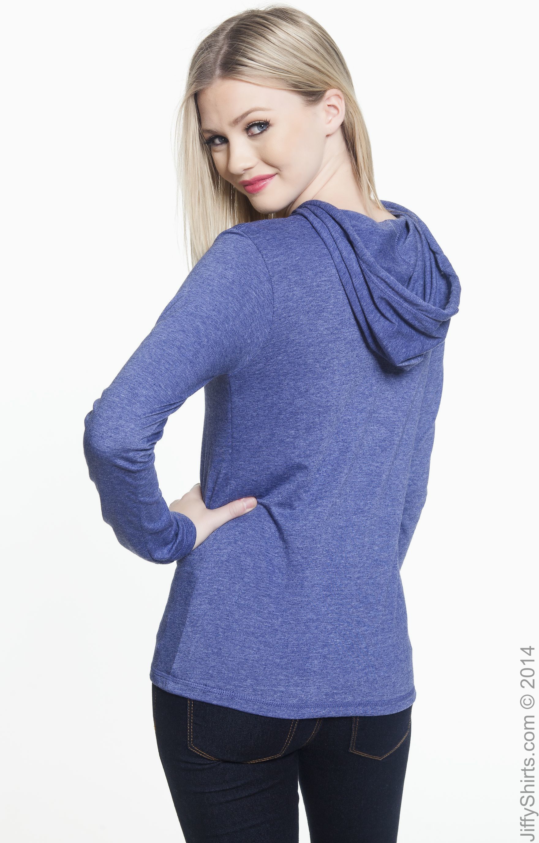 Women's Lightweight Long-Sleeve Hooded T-Shirt - Heather Blue / Neon Yellow