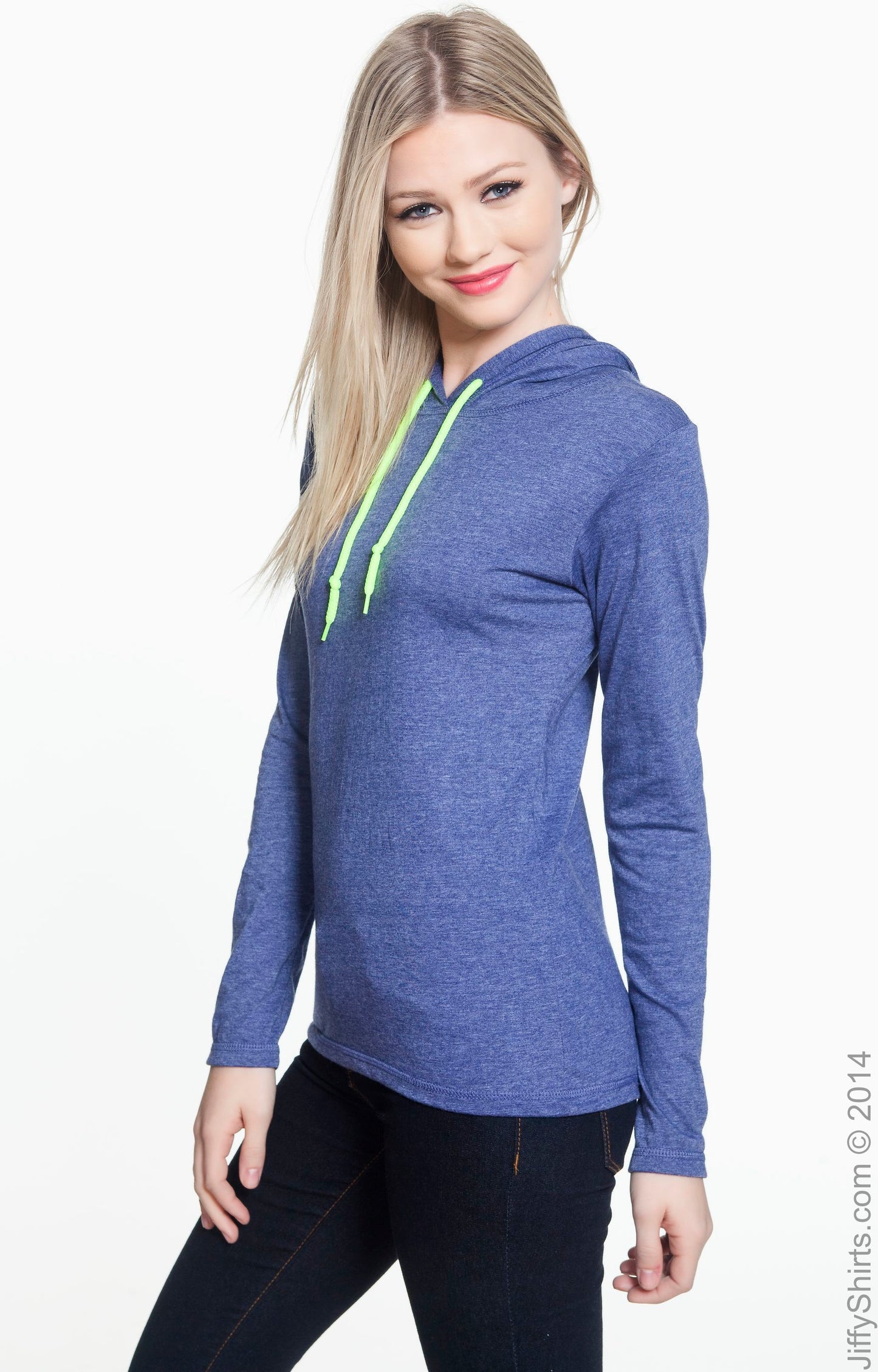 Women's Lightweight Long-Sleeve Hooded T-Shirt - Heather Blue / Neon Yellow