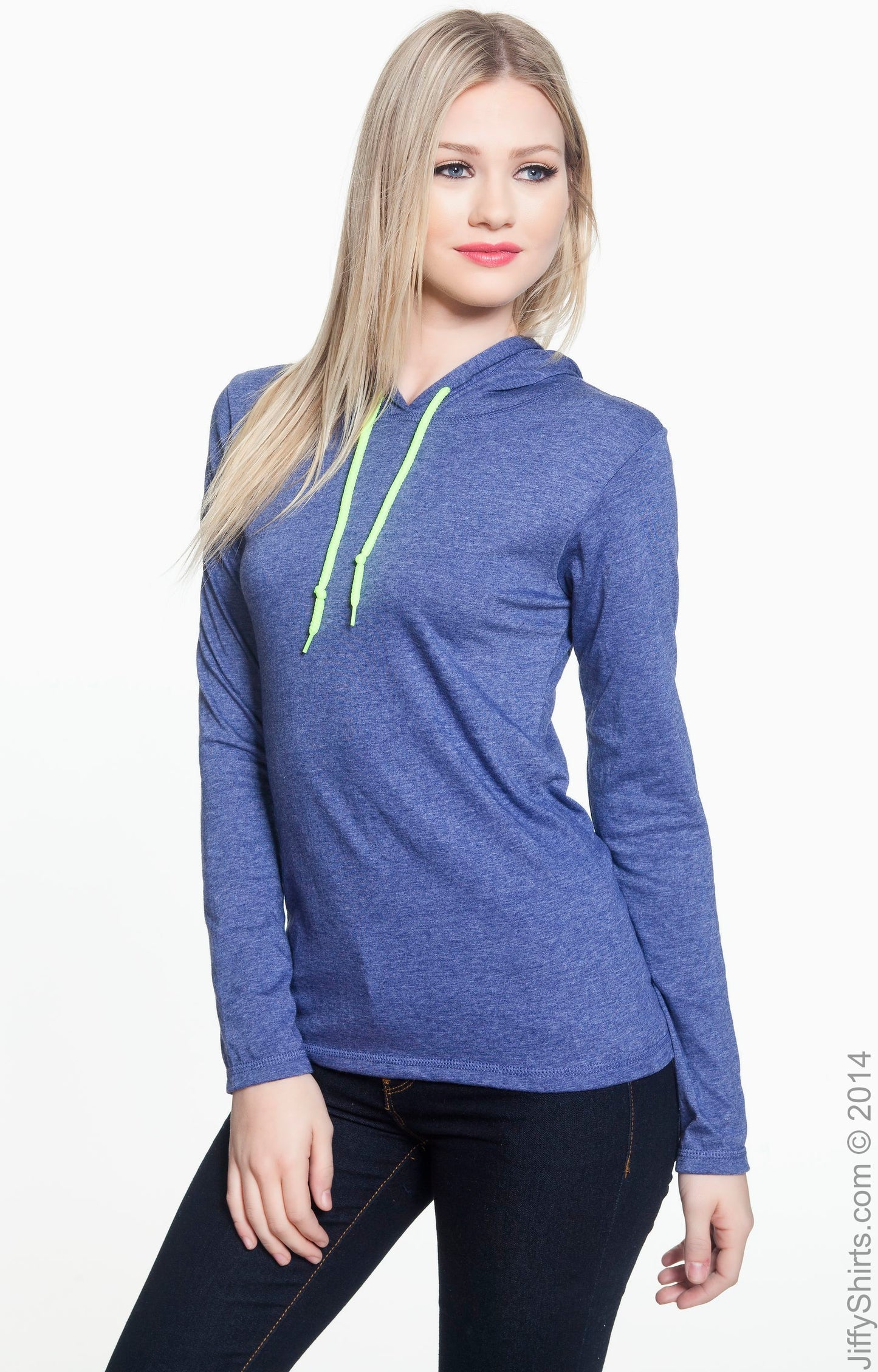 Women's Lightweight Long-Sleeve Hooded T-Shirt - Heather Blue / Neon Yellow