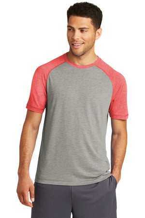 Unisex PosiCharge Tri-Blend Wicking Raglan Tee - True Red Heather / Light Gray Heather