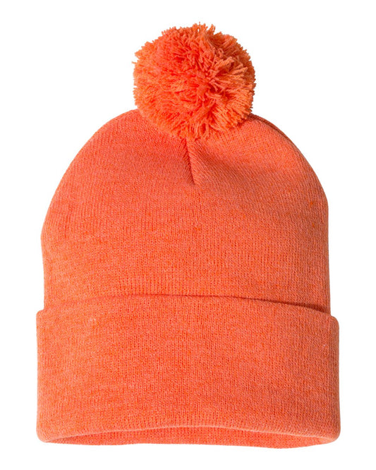 Pom-Pom 12" Knit Beanie - Heather Orange