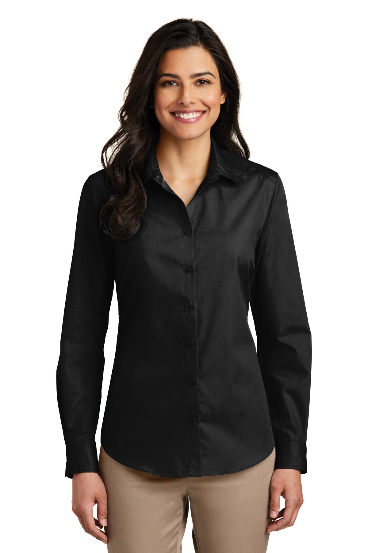 Women's Long Sleeve Carefree Poplin Shirt - Deep Black