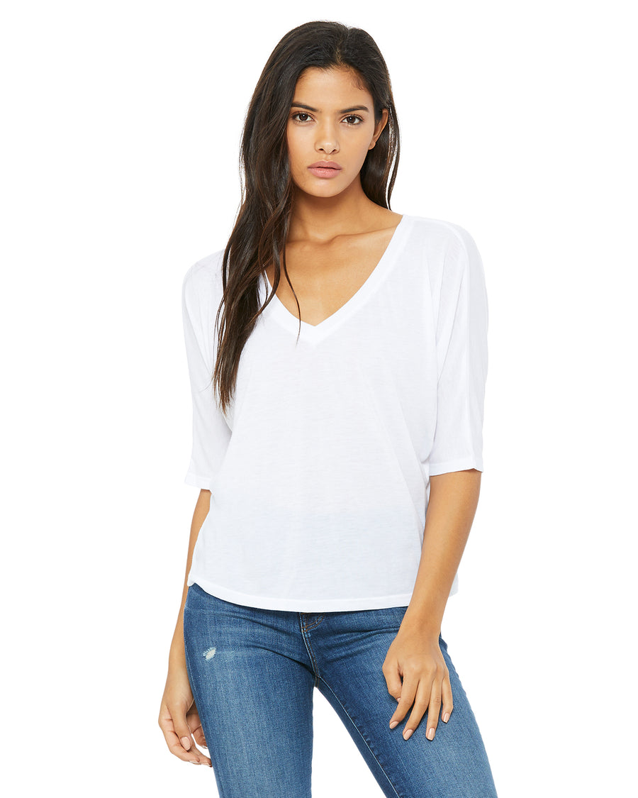 Women's Flowy Boxy Half-Sleeve V-Neck T-Shirt - White