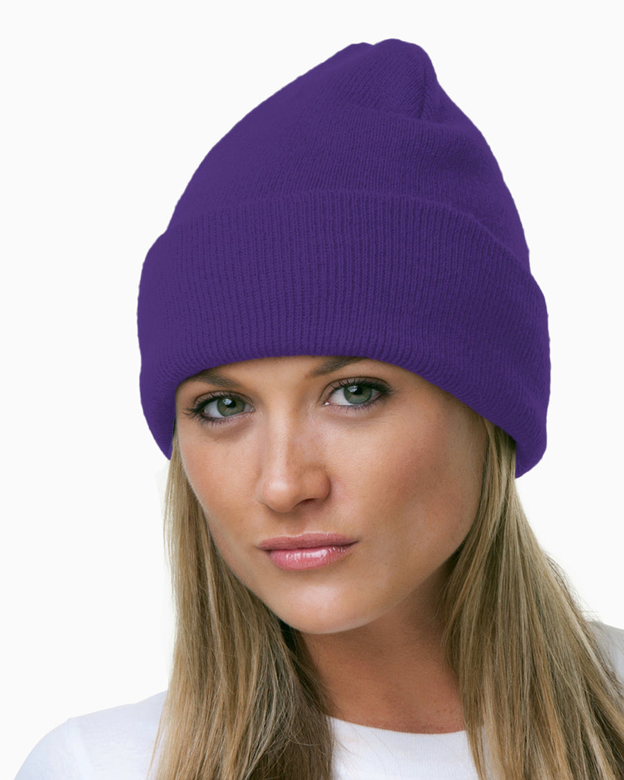 100% Acrylic Knit Cuff Beanie - Purple