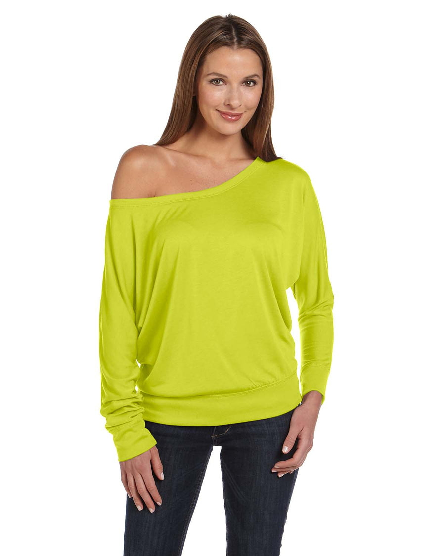 Women's Flowy Long-Sleeve Off Shoulder T-Shirt - Neon Yellow