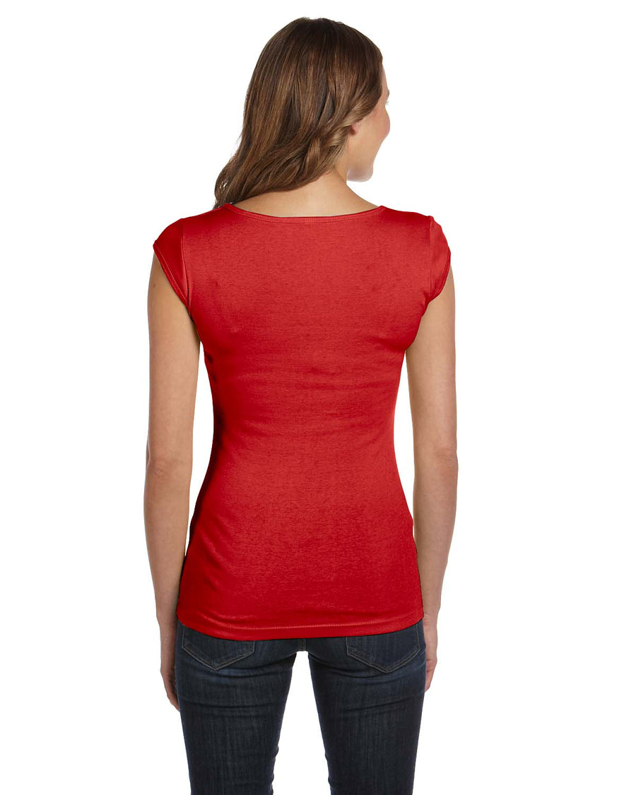 Women's Sheer Mini Rib Cap-Sleeve Deep V-Neck T-Shirt - Red