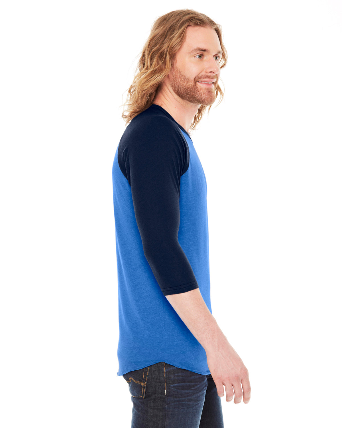 Unisex Poly-Cotton 3/4-Sleeve Raglan T-Shirt - Heather Lake Blue / Navy