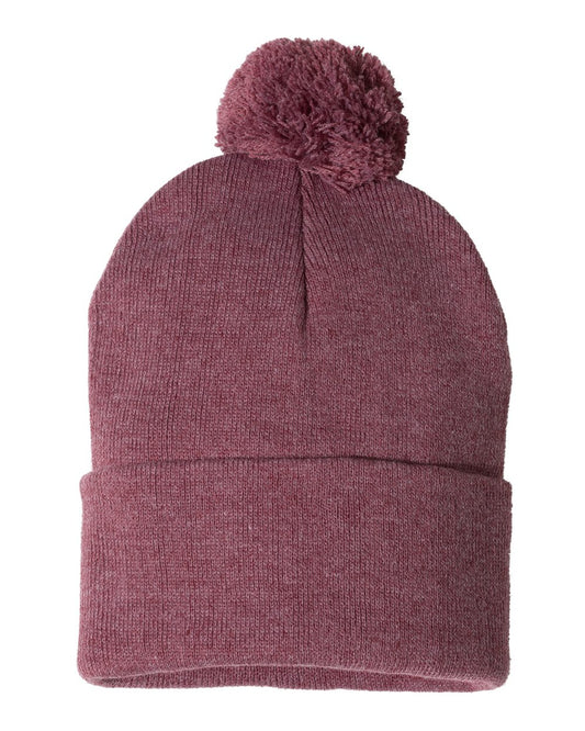 Pom-Pom 12" Knit Beanie - Heather Cardinal