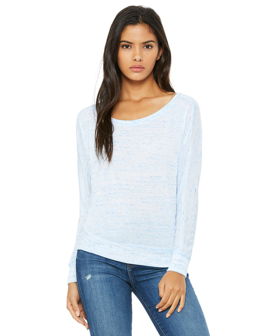 Women's Flowy Long-Sleeve Off Shoulder T-Shirt - Blue Marble