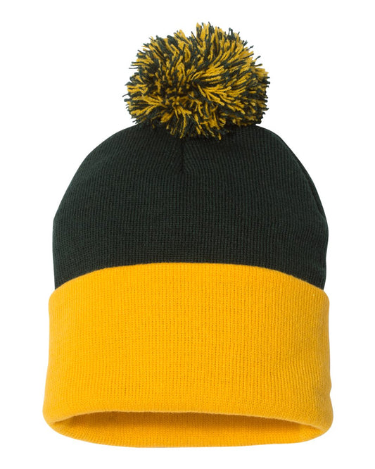 Pom-Pom 12" Knit Beanie - Forest / Gold