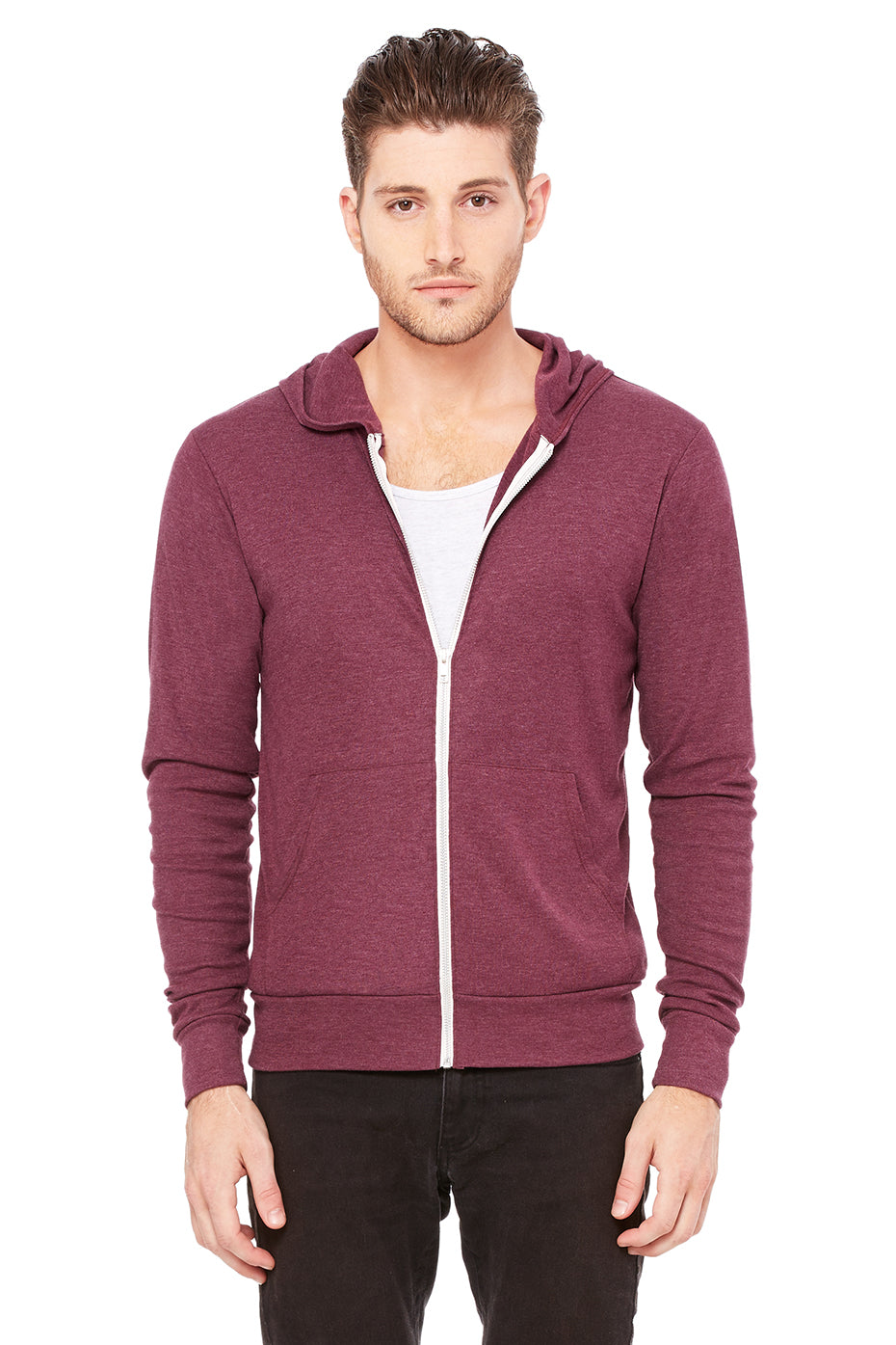 Unisex Triblend Full-Zip Lightweight Hoodie - Maroon Triblend