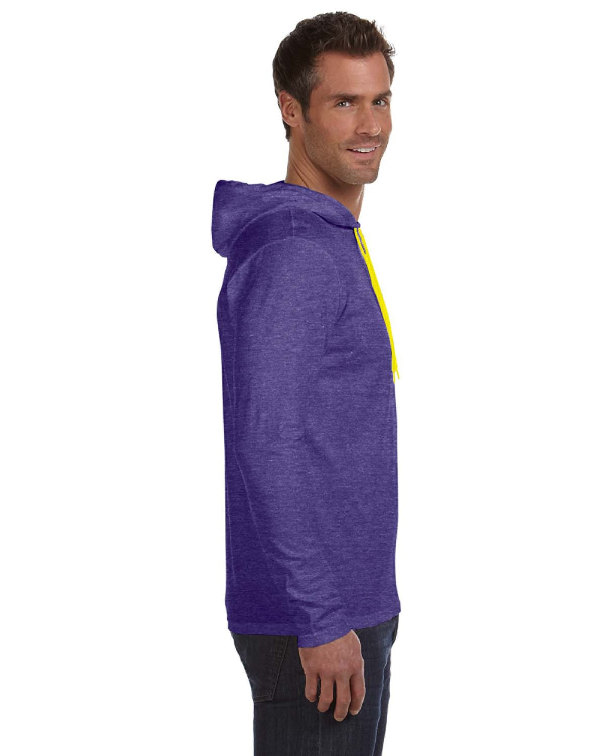 Unisex Lightweight Long-Sleeve Hooded T-Shirt - Heather Purple / Neon Yellow