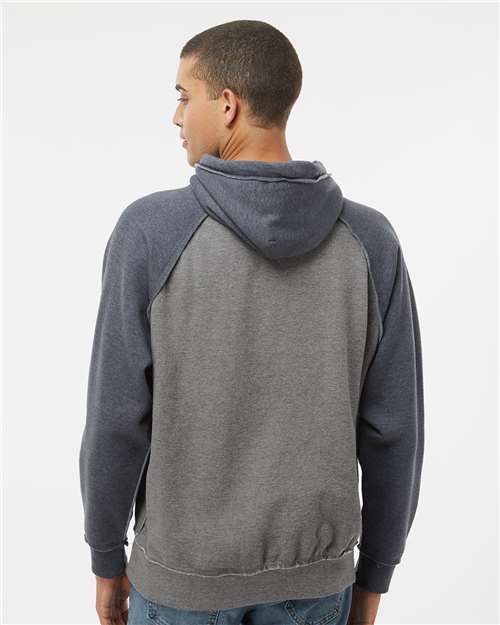 J. America 8885 Smoke Heather/ Vintage Navy Heather — on model back