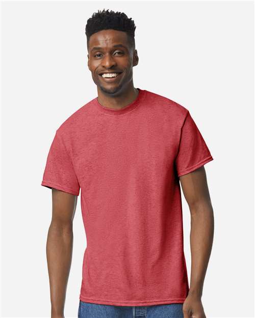 Gildan 8000 Heather Scarlet Red — on model front