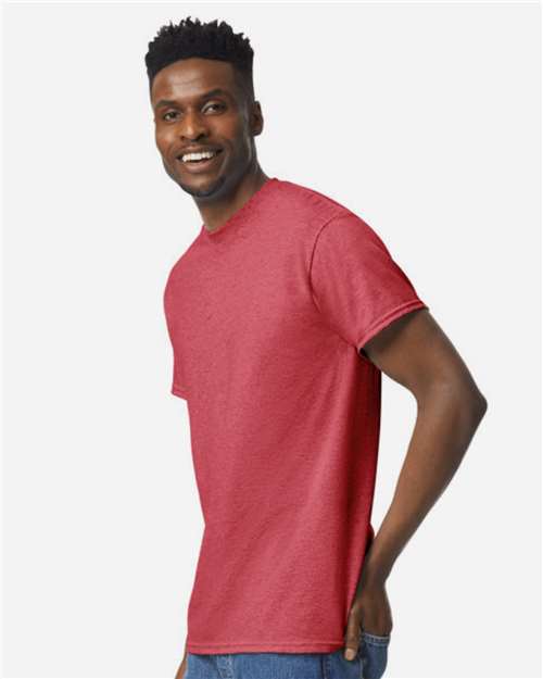 Gildan 8000 Heather Scarlet Red — on model side