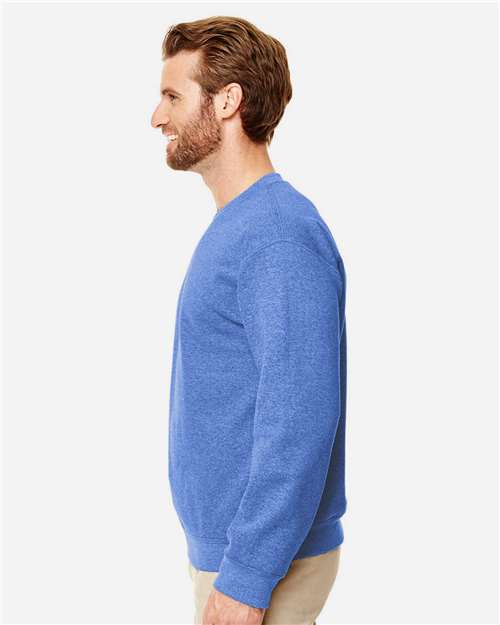Gildan 18000 Heather Deep Royal — on model side