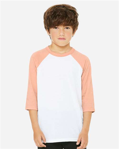 BELLA + CANVAS 3200Y White/ Heather Peach — on model front