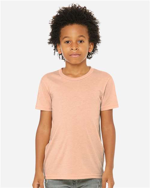 BELLA + CANVAS 3413Y Peach Triblend — on model front