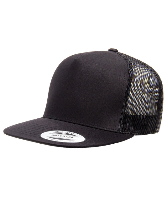 Unisex 5-Panel Flat Bill Trucker Cap - Black