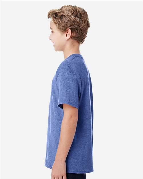 Gildan 8000B Heather Deep Royal — on model side
