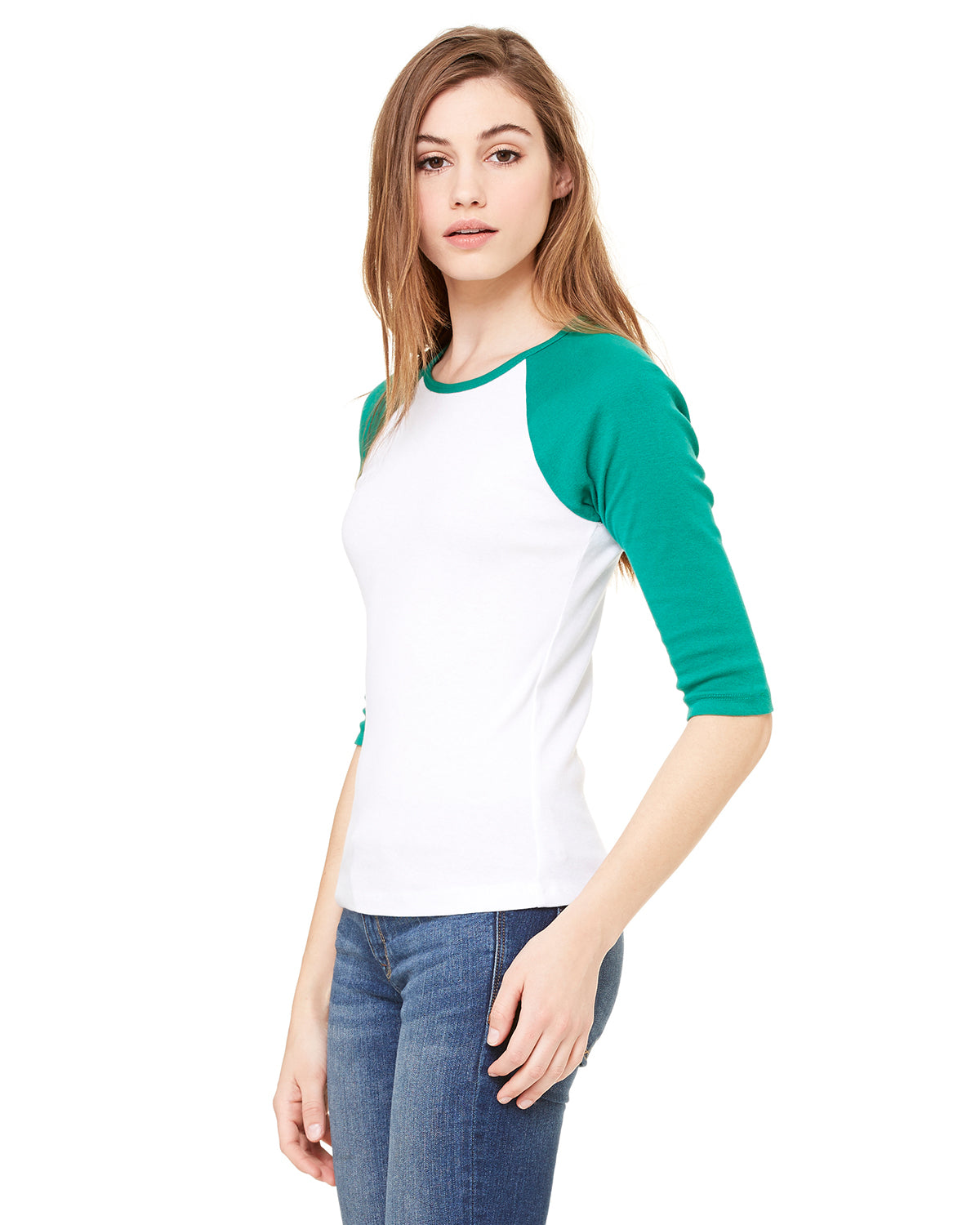 Women's Baby Rib 3/4-Sleeve Contrast Raglan T-Shirt - White / Kelly