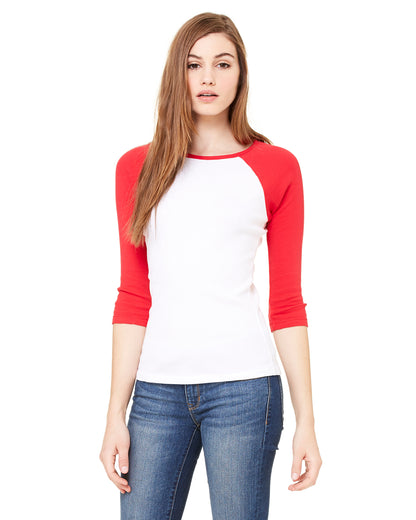 Women's Baby Rib 3/4-Sleeve Contrast Raglan T-Shirt - White / Red