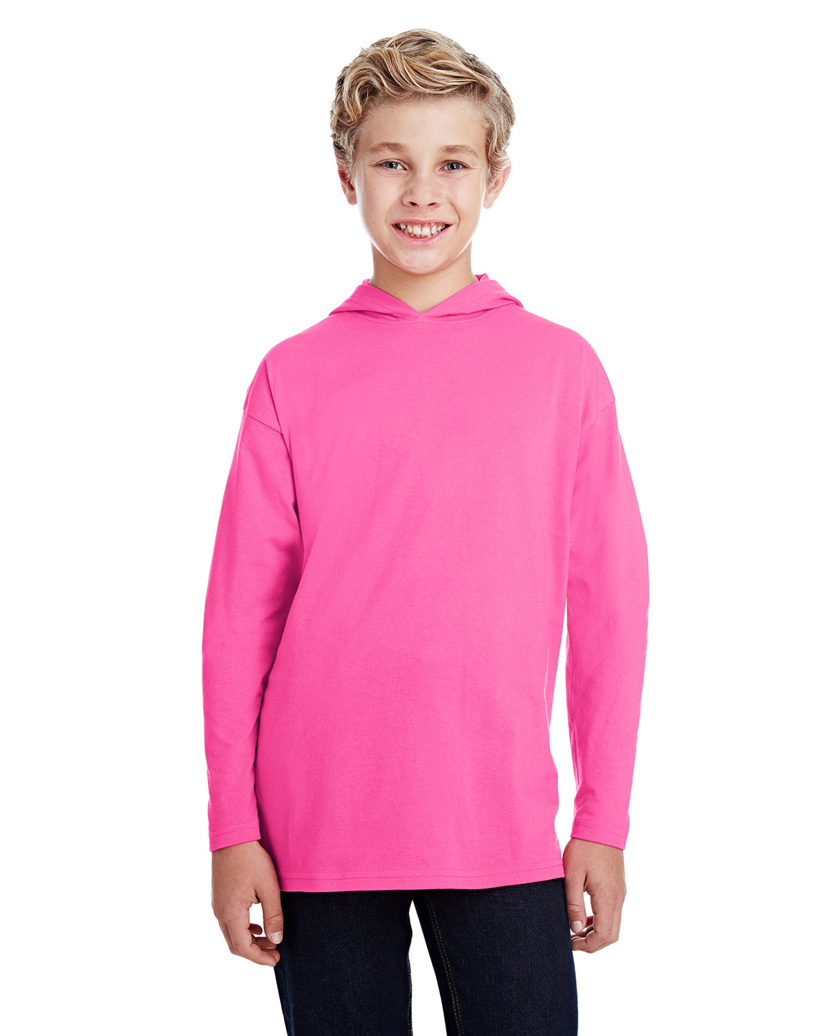 Youth Long-Sleeve Hooded T-Shirt - Hot Pink
