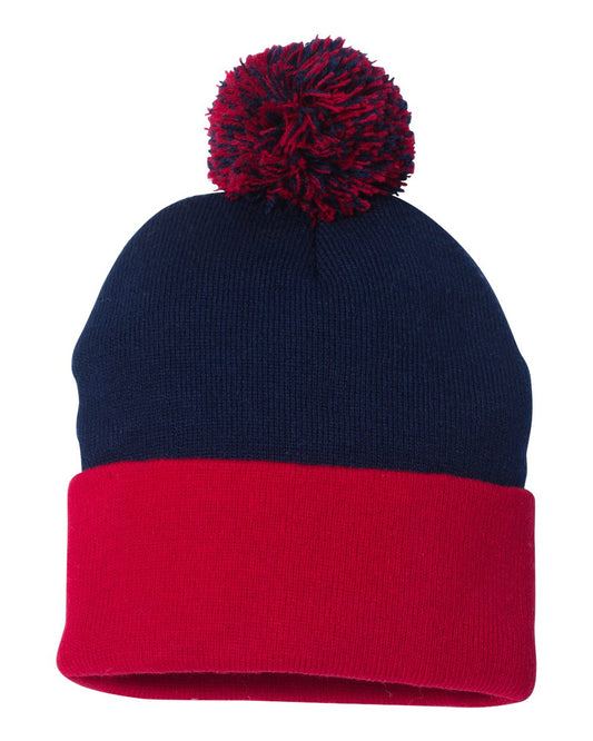 Pom-Pom 12" Knit Beanie - Navy / Red