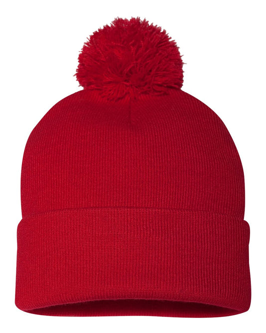 Pom-Pom 12" Knit Beanie - Red
