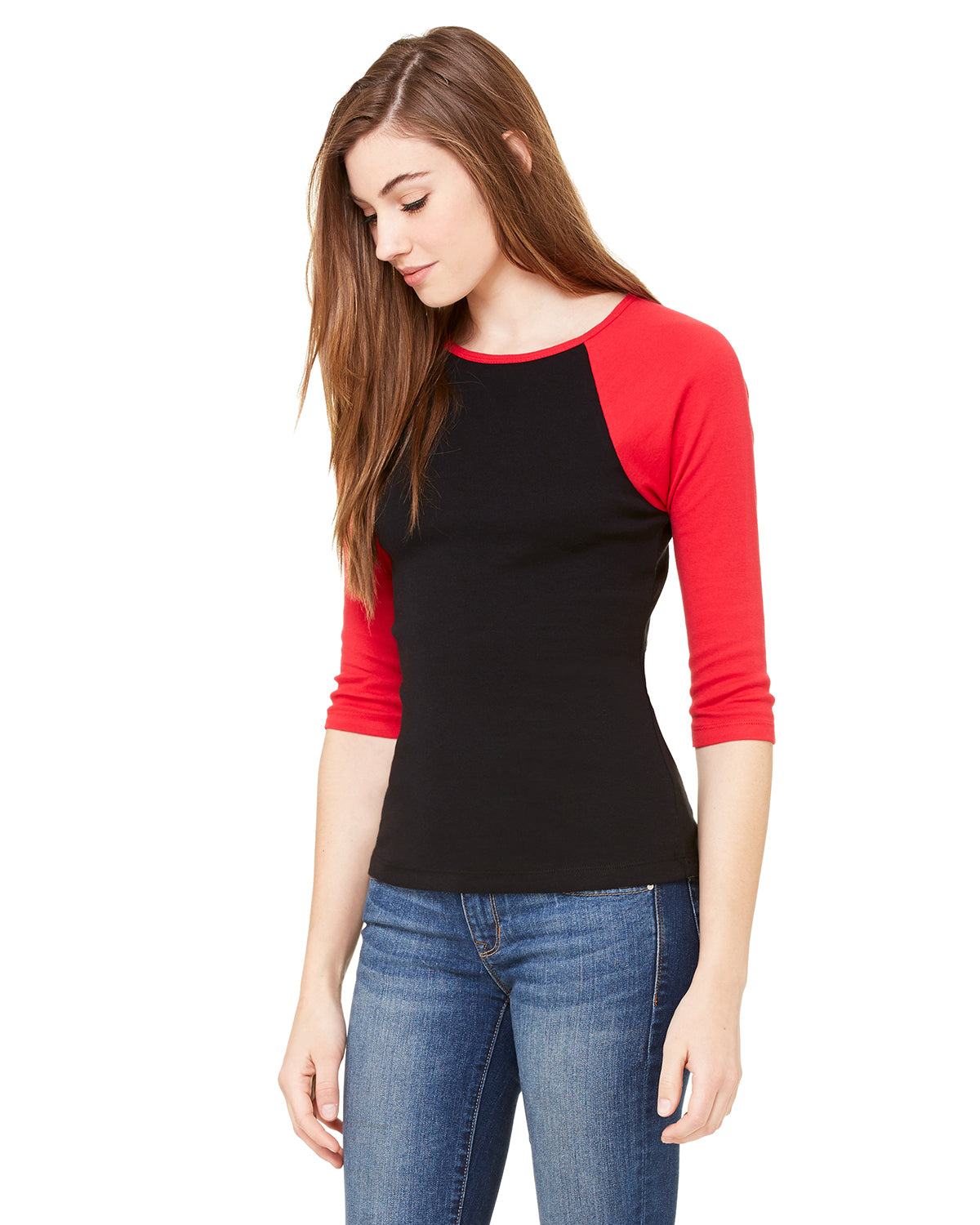 Women's Baby Rib 3/4-Sleeve Contrast Raglan T-Shirt - Black / Red