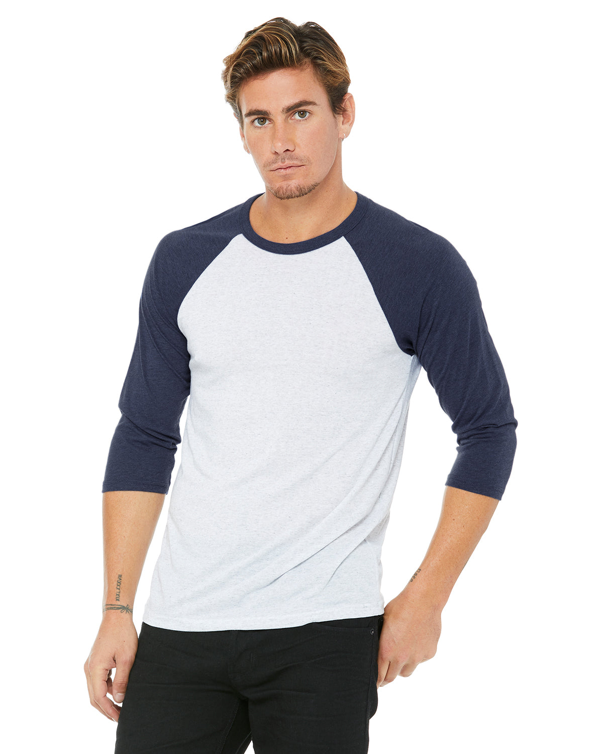 Unisex 3/4-Sleeve Baseball T-Shirt - White Fleck / Navy Triblend