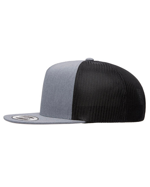 Unisex 5-Panel Flat Bill Trucker Cap - Heather/ Black