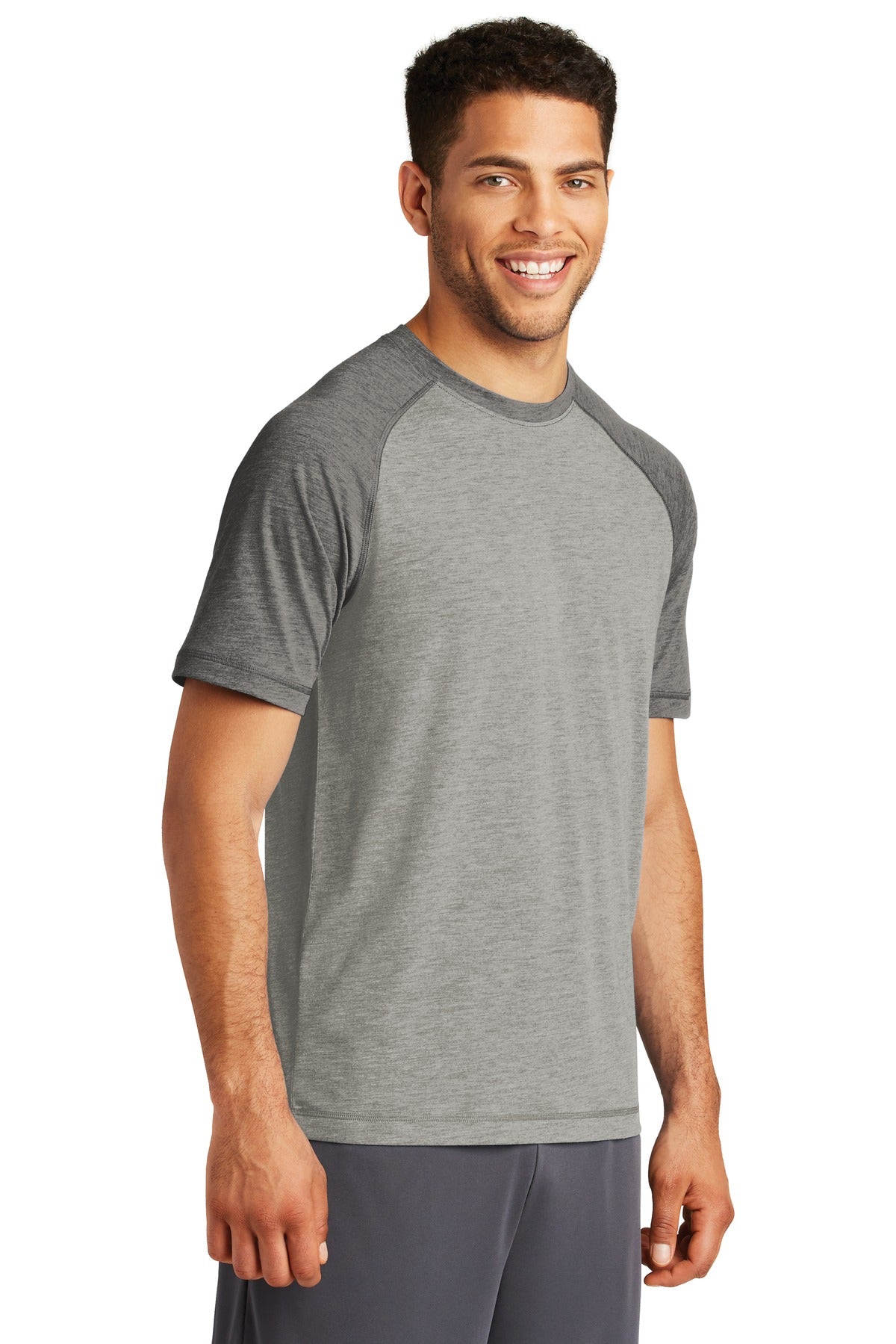 Unisex PosiCharge Tri-Blend Wicking Raglan Tee - Dark Gray Heather / Light Gray Heather