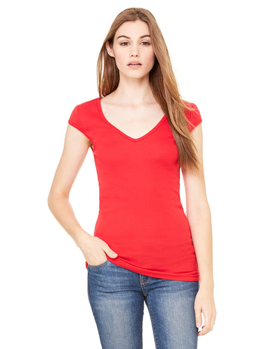 Women's Sheer Mini Rib Cap-Sleeve Deep V-Neck T-Shirt - Red