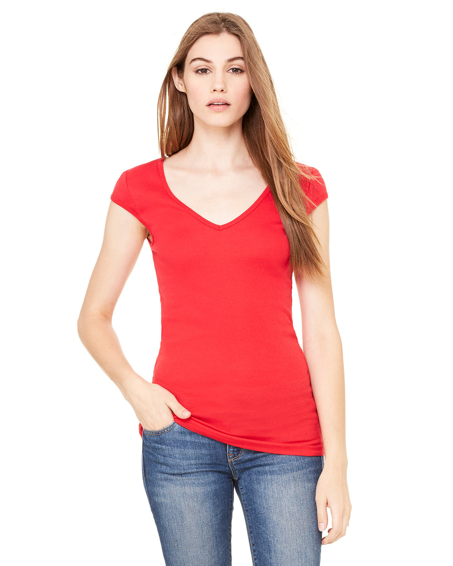 Women's Sheer Mini Rib Cap-Sleeve Deep V-Neck T-Shirt - Red