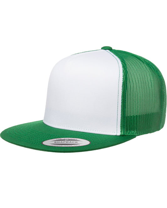 Unisex Classic Flat Bill Trucker with White Front Panel Cap - White / Kelly