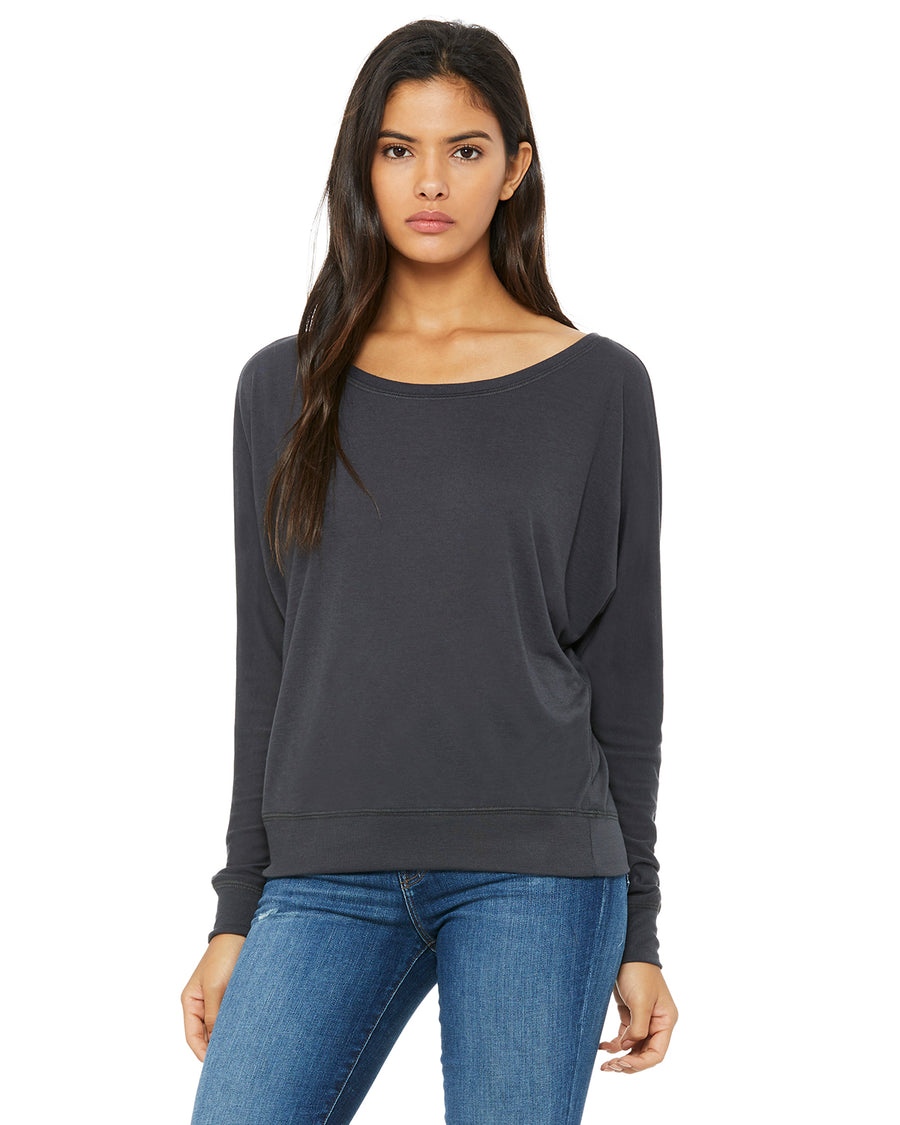Women's Flowy Long-Sleeve Off Shoulder T-Shirt - Dark Gray