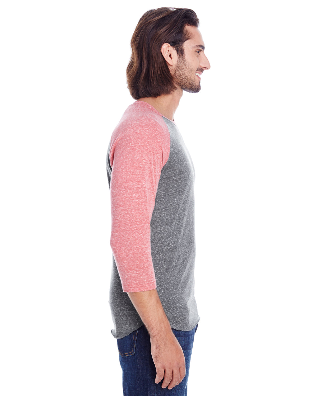 Unisex Triblend 3/4-Sleeve Raglan - Gray / Red Triblend