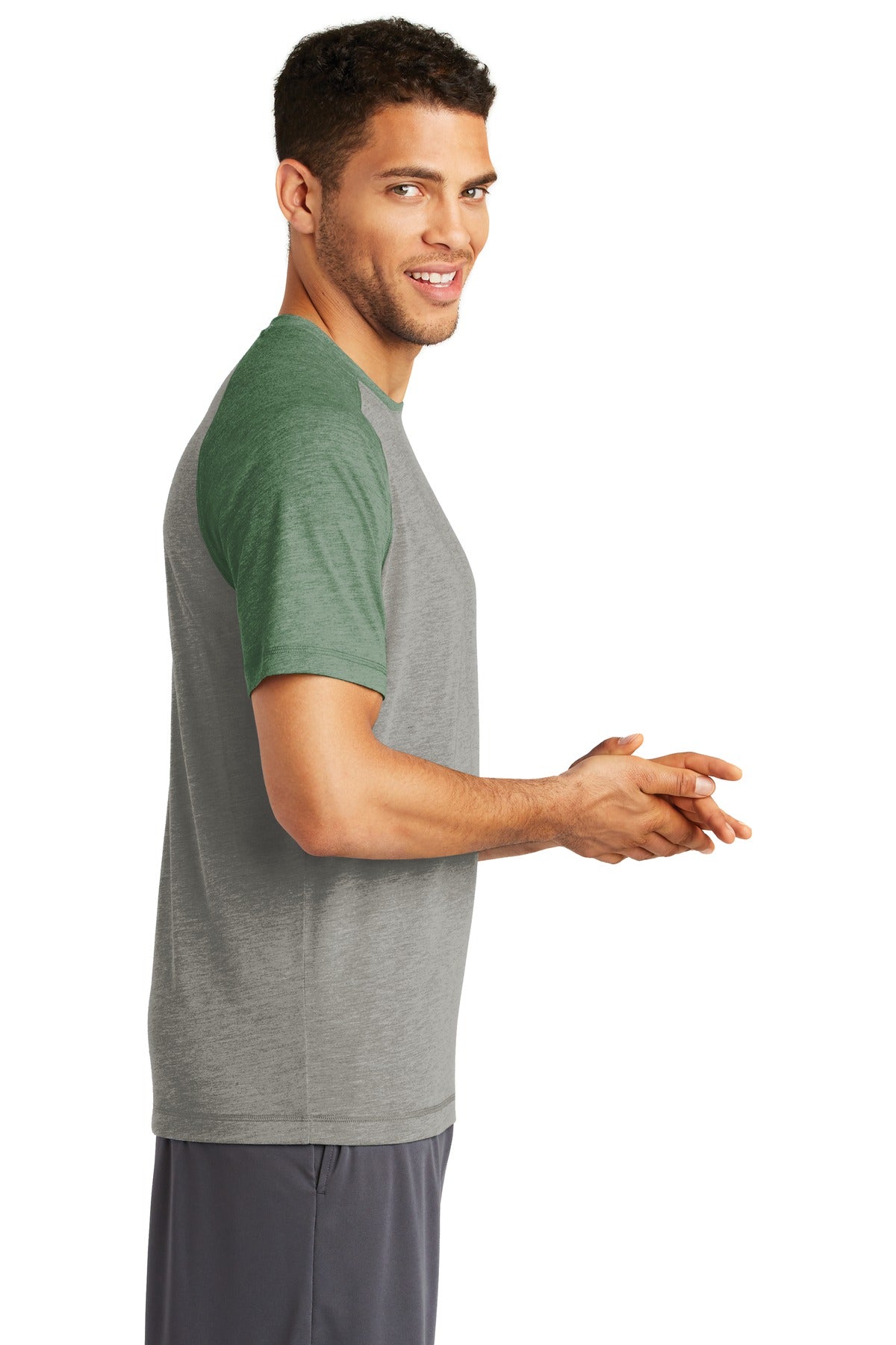 Unisex PosiCharge Tri-Blend Wicking Raglan Tee - Forest Green Heather / Light Gray Heather