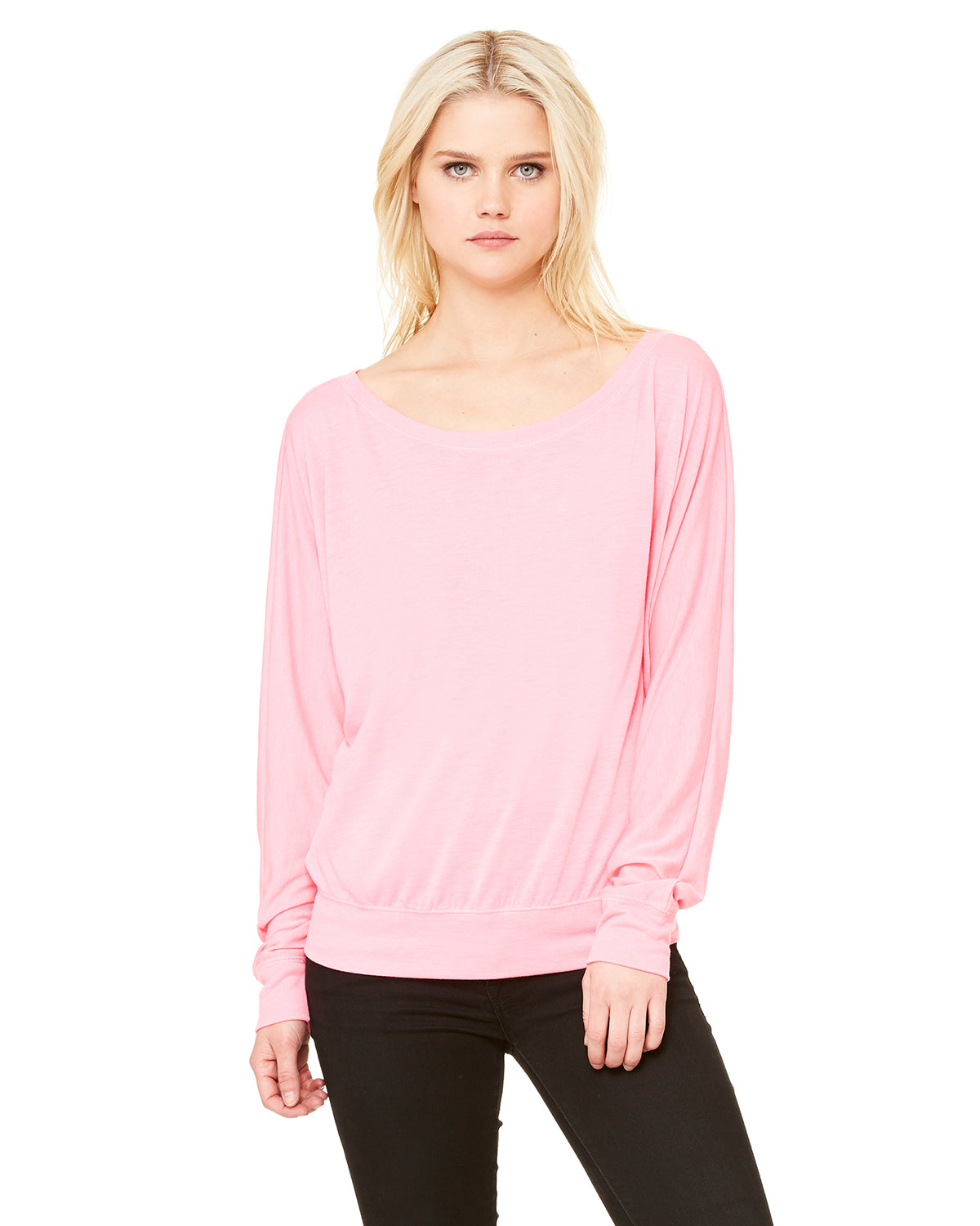 Women's Flowy Long-Sleeve Off Shoulder T-Shirt - Neon Pink