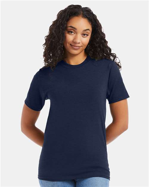 Hanes 5180 Heather Navy — on model front